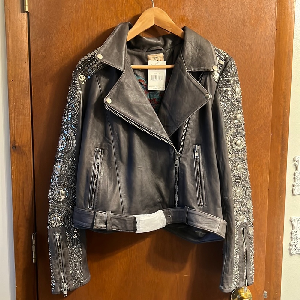 Free People Circle Embellished Moto Jacket Gray Leather Womens New